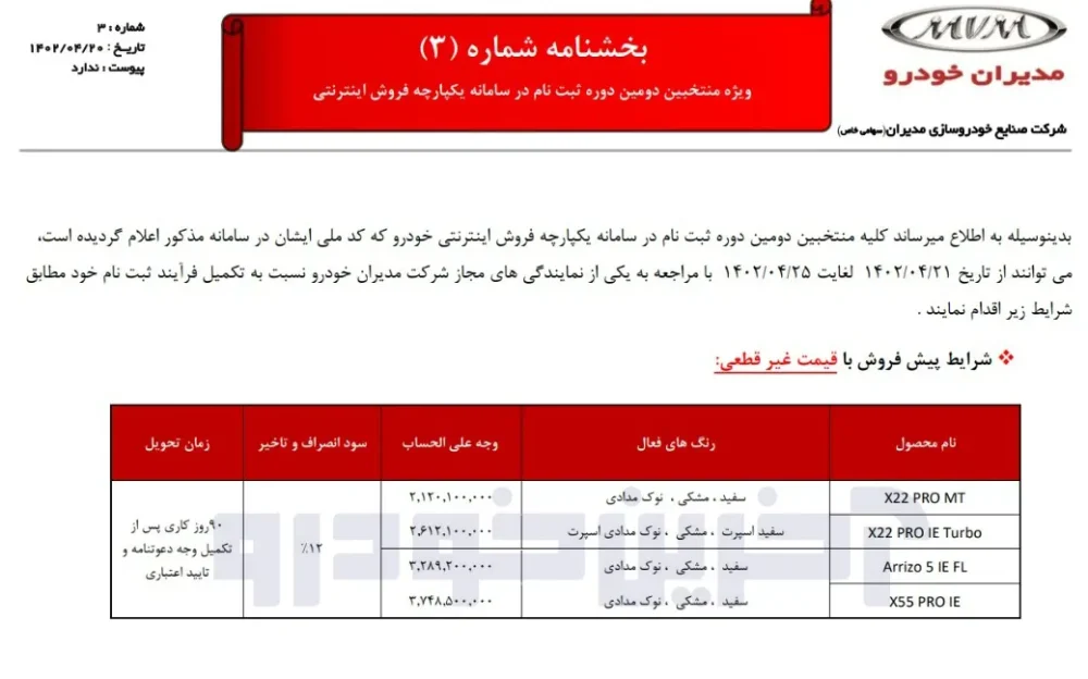 شرایط فروش ام وی ام اعلام شد - تیر 1402