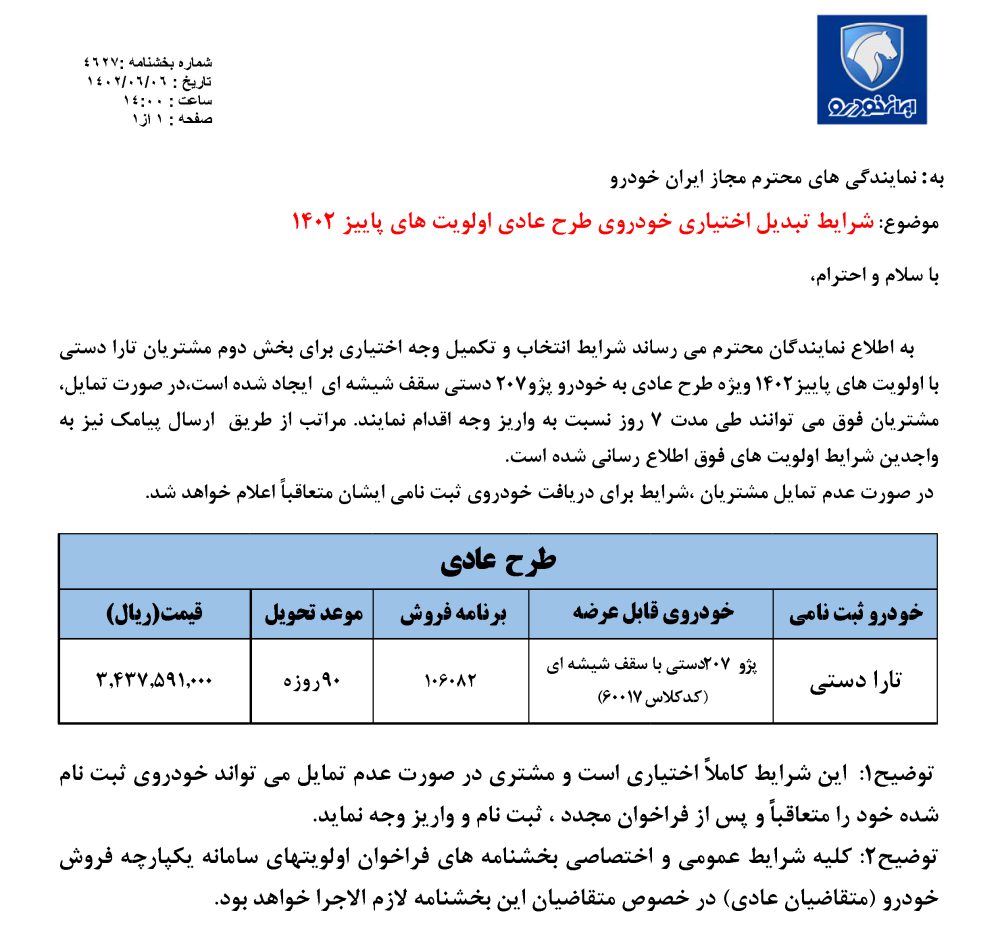 طرح تبدیل حواله خودرو تارا به 207 دستی پانوراما