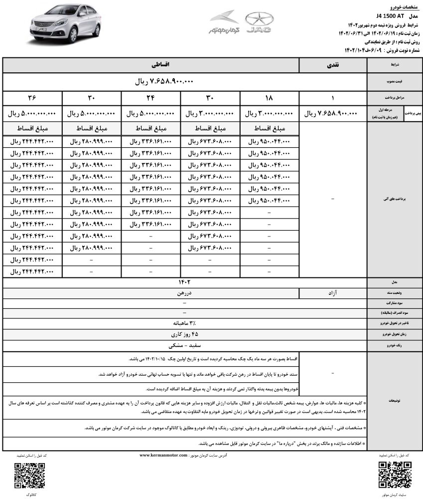 شرایط فروش نقدی و اقساطی جک J4 - شهریور 1402