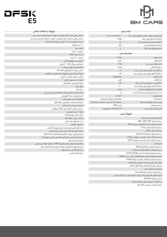 با آغاز به کار وبسایت رسمی BM Cars گروه بهمن، کاتالوگ DFSK E5 منتشر شد.