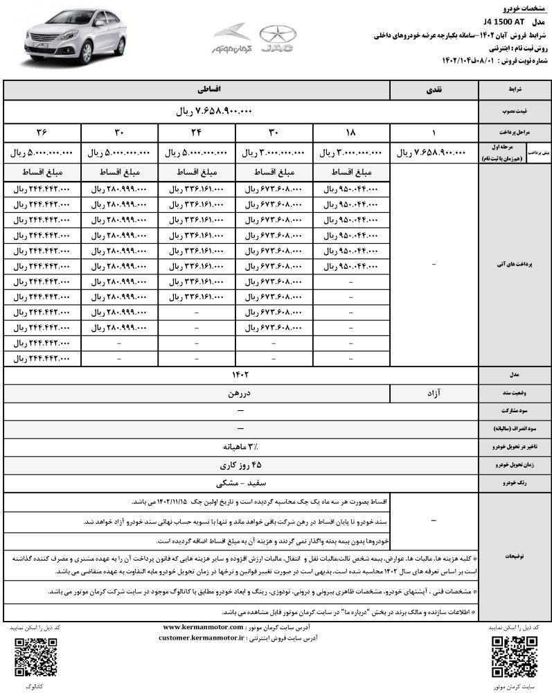 شرایط فروش کرمان موتور - آبان 1402