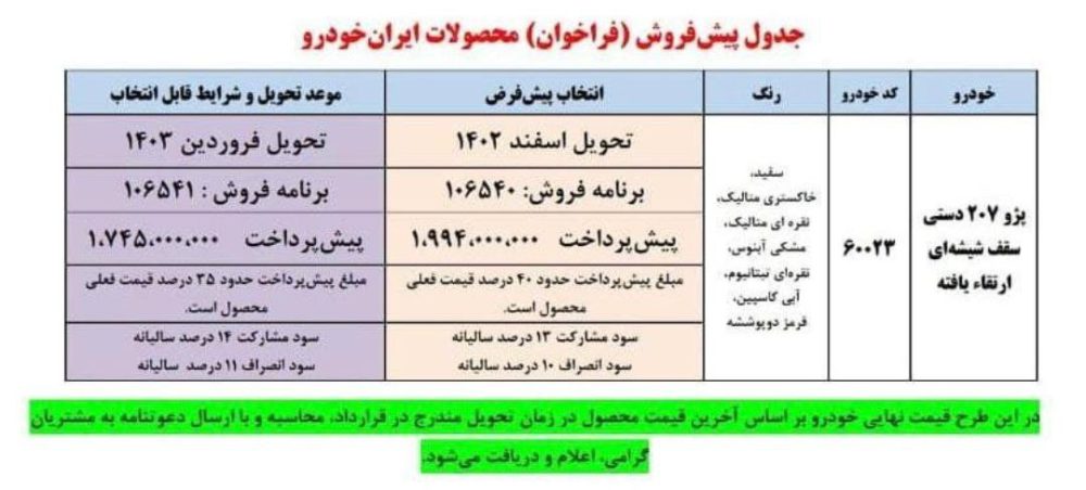 شرایط فروش ایران خودرو - پژو 207 دنده‌ای سقف شیشه ای