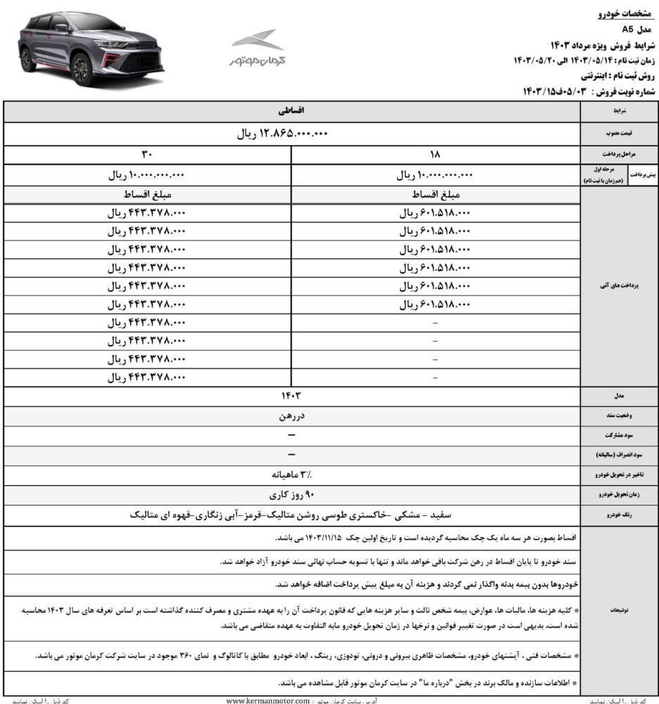 اقساط مرداد کرمان موتور