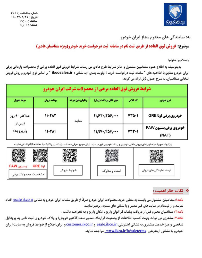 شرایط فروش دو خودروی برقی ایران خودرو اعلام شد