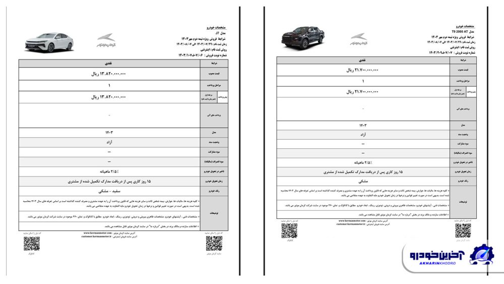 شرایط فروش نقدی برای دو محصول کرمان موتور اعلام شد - مهر 1403