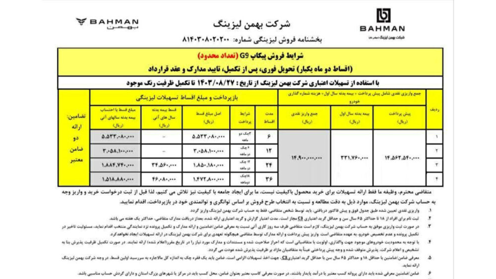 جدول فروش اقساطی بهمن G9