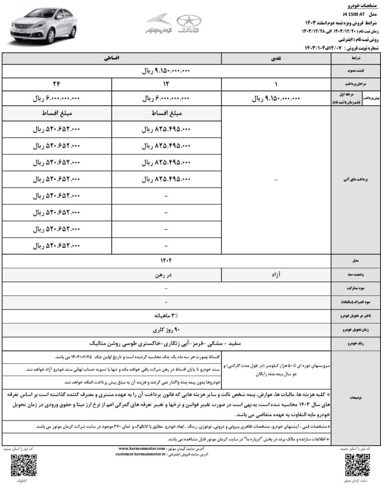 شرایط فروش کرمان موتور