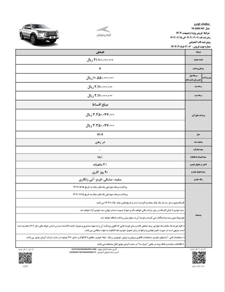 قیمت جدید و شرایط فروش 3 محصول کرمان موتور اعلام شد- اردیبهشت 1404