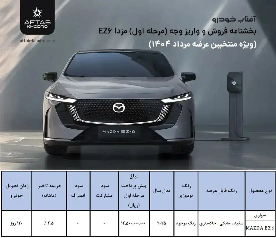 فراخان واریز وجه و ثبت نام مزدا EZ-6 آفتاب خودرو اعلام شد - شهریور 1404