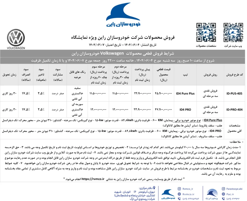 خودرو سازان راین شرایط فروش فولکس های برقی را اعلام کرد - شهریور 1404