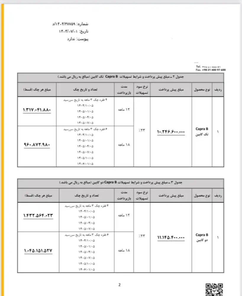 شرایط فروش نقد و اقساط کاپرا B تک و دوکابین اعلام شد - مهر 1404