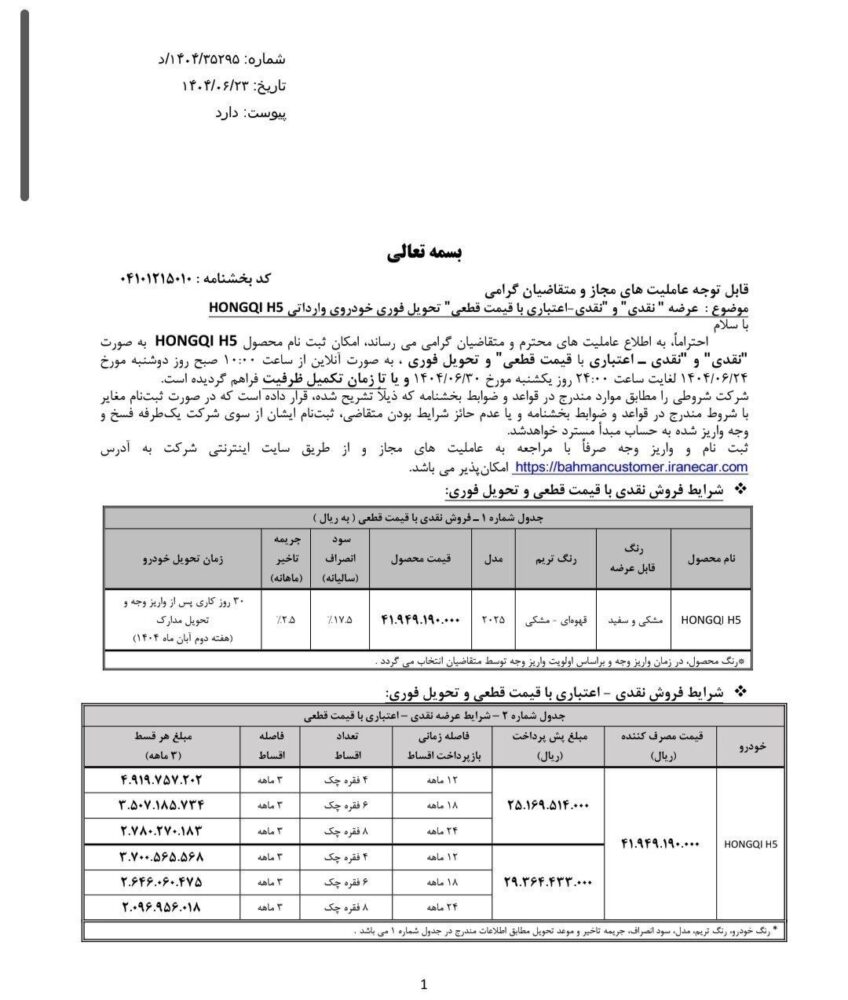شرایط فروش نقدی و اقساطی هونگچی H5 - شهریور 1404