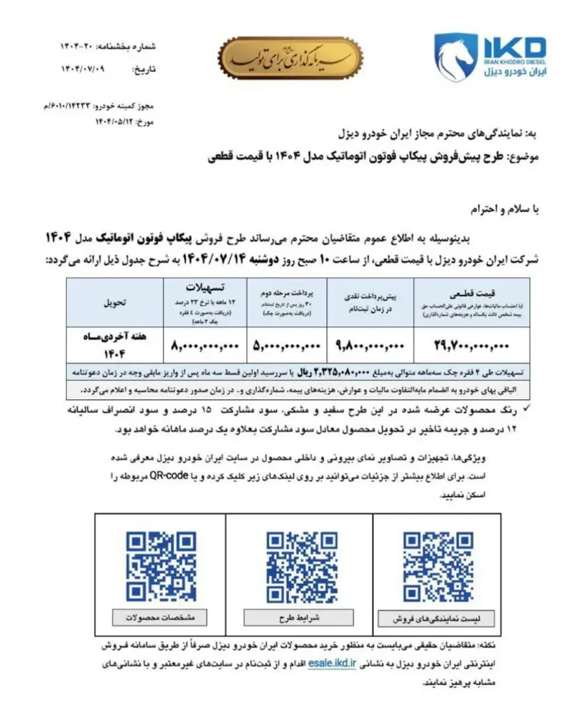 شرایط فروش فوتون اتوماتیک با افزایش قیمت اعلام شد - مهر 1404