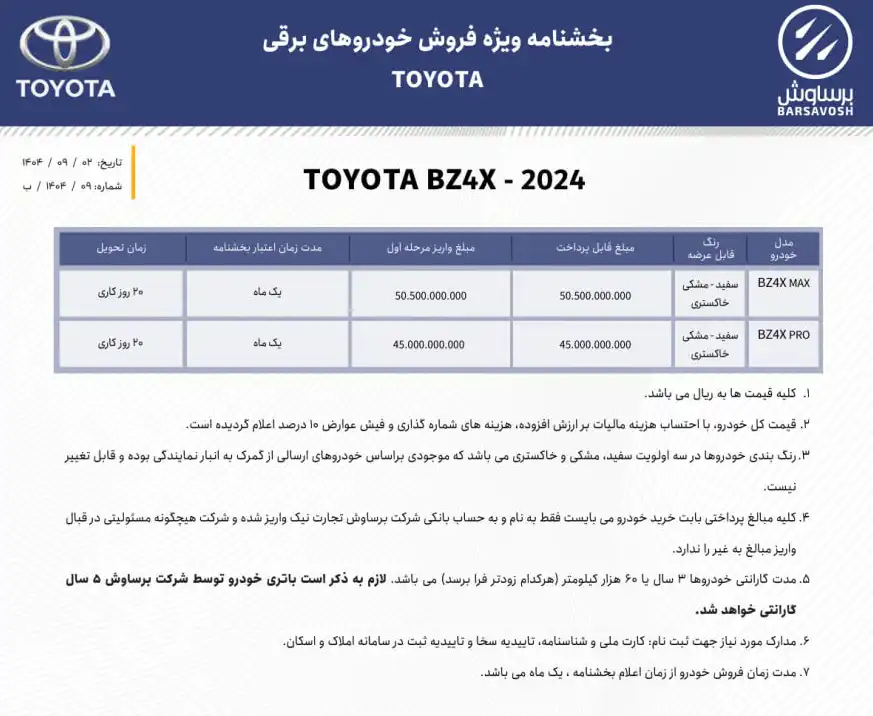 شرایط فروش تویوتا bZ4X برساوش با قیمت غیر منطقی اعلام شد – آذر ۱۴۰۴