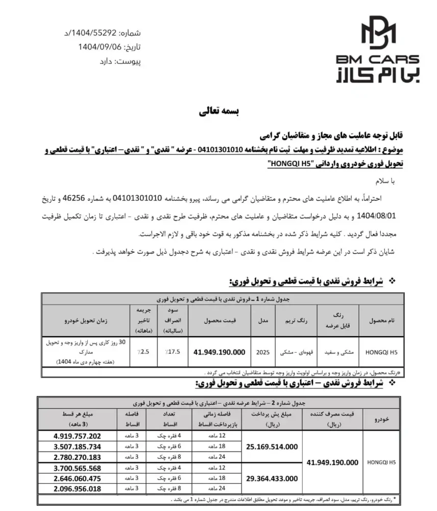 شرایط فروش نقد و اقساط هونگچی H5 اعلام شد – آذر 1404