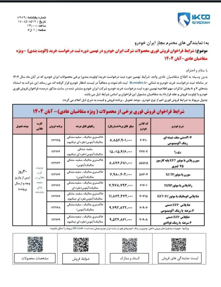 شرایط فروش محصولات ایران خودرو اعلام شد - آبان 1404