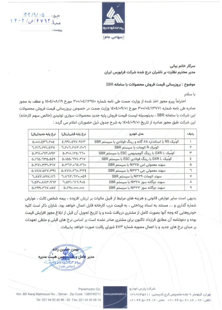 قیمت جدید کارخانه محصولات پارس خودرو اعلام شد - آذر 1404