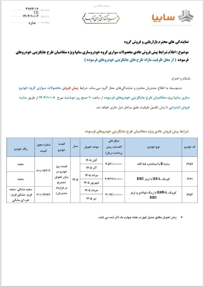 شرایط پیش فروش سه محصول سایپا ویژه طرح خودروهای فرسوده - دی 1404