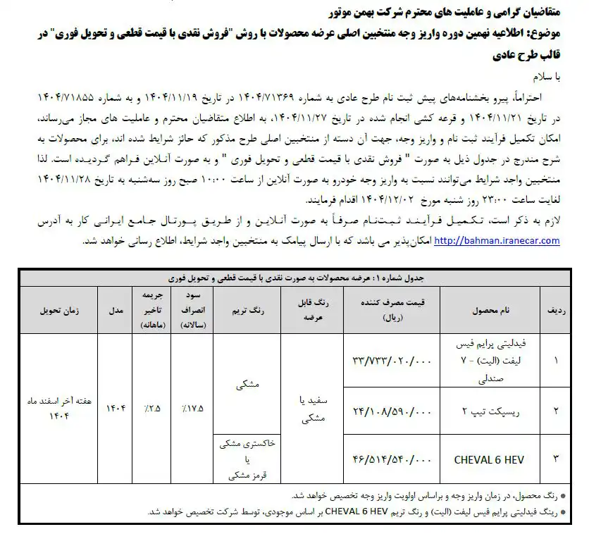 نتیجه قرعه کشی و بشخنامه فروش بهمن موتور اعلام شد - بهمن 1404