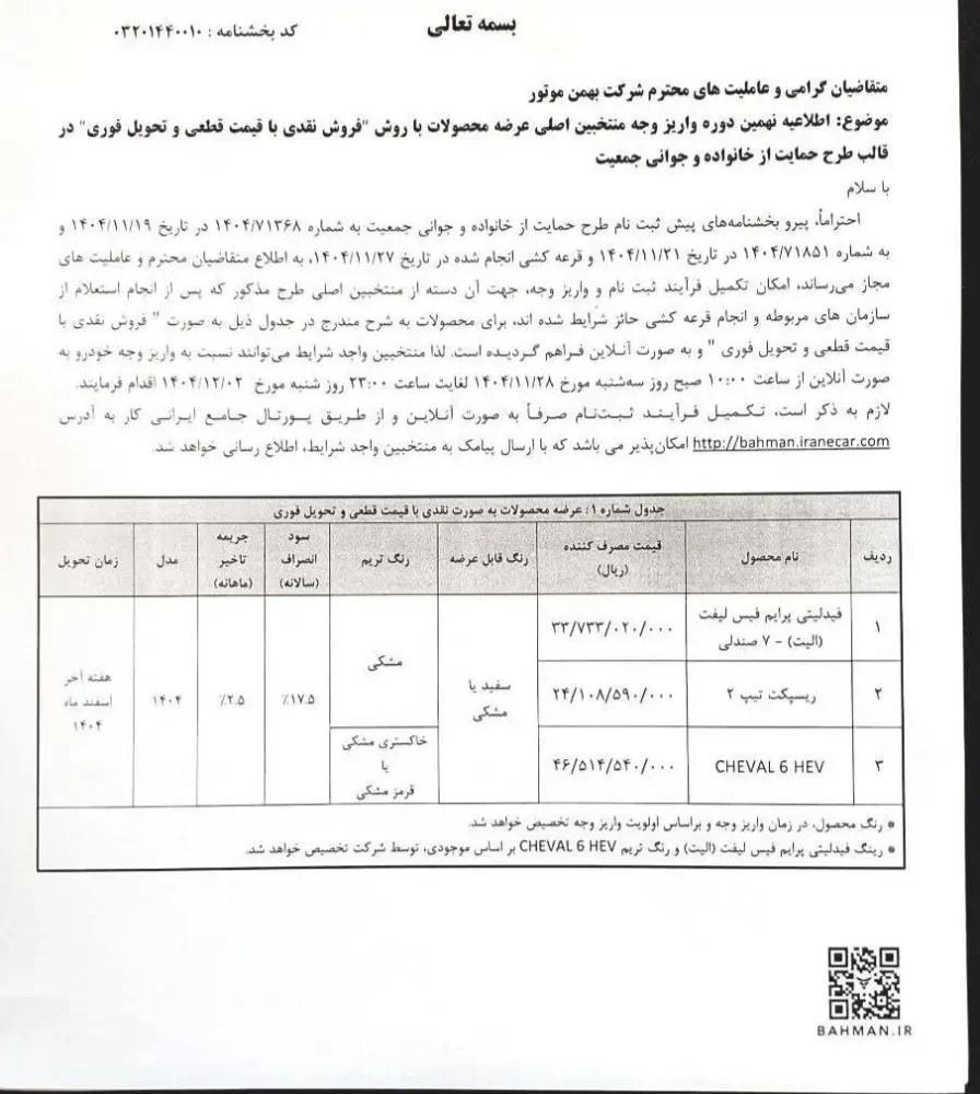 نتیجه قرعه کشی و بشخنامه فروش بهمن موتور اعلام شد - بهمن 1404