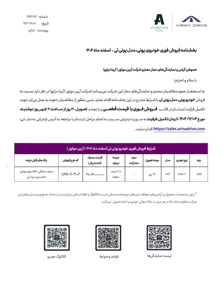 فروش فوری چانگان UNI-T با قیمت جدید در تلاش خودرو ایرانیان
