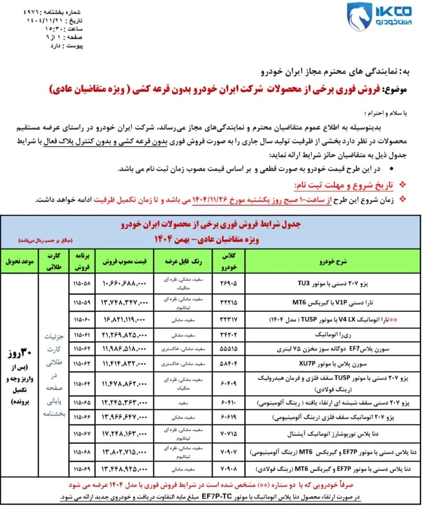 شرایط فروش بدون قرعه کشی ایران خودرو با تحویل فوری - بهمن 1405