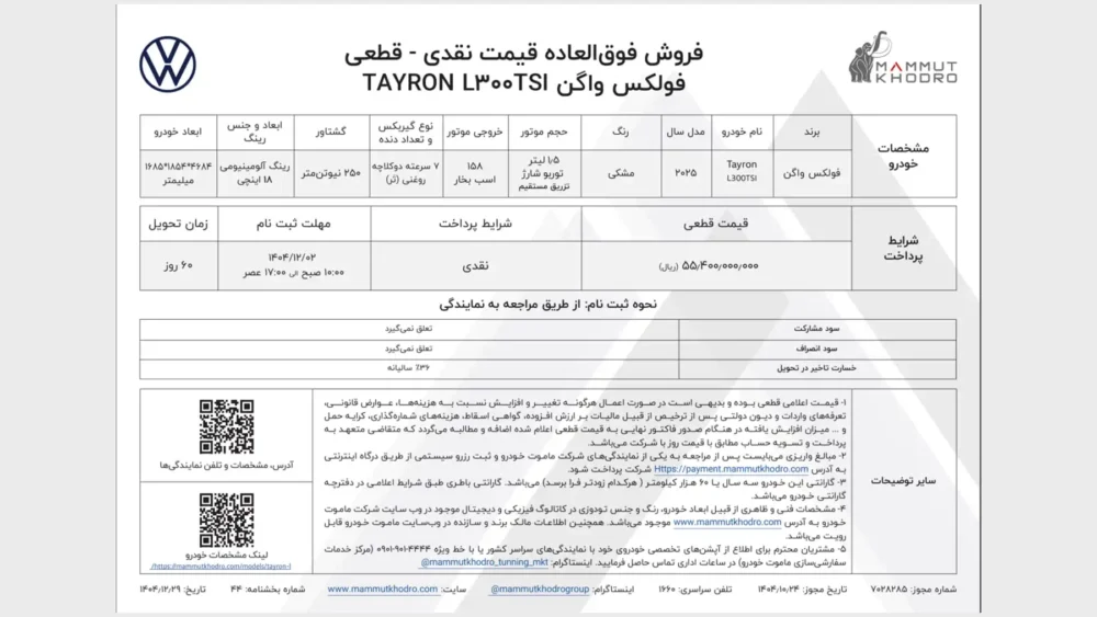 قیمت جدید و شرایط فروش فولکس واگن تایرون L اعلام شد - اسفند 1404