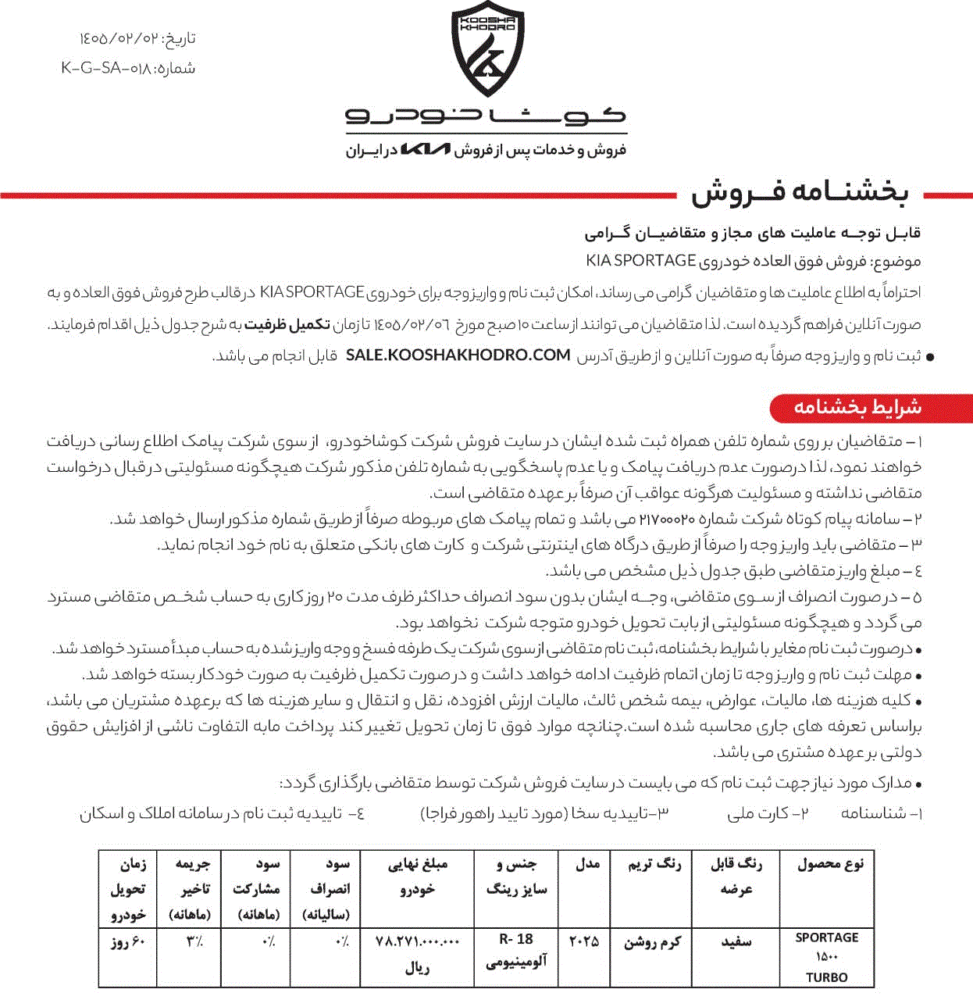 شرایط فروش کیا اسپورتیج با قیمت جدید اعلام شد – اردیبهشت ۱۴۰۵